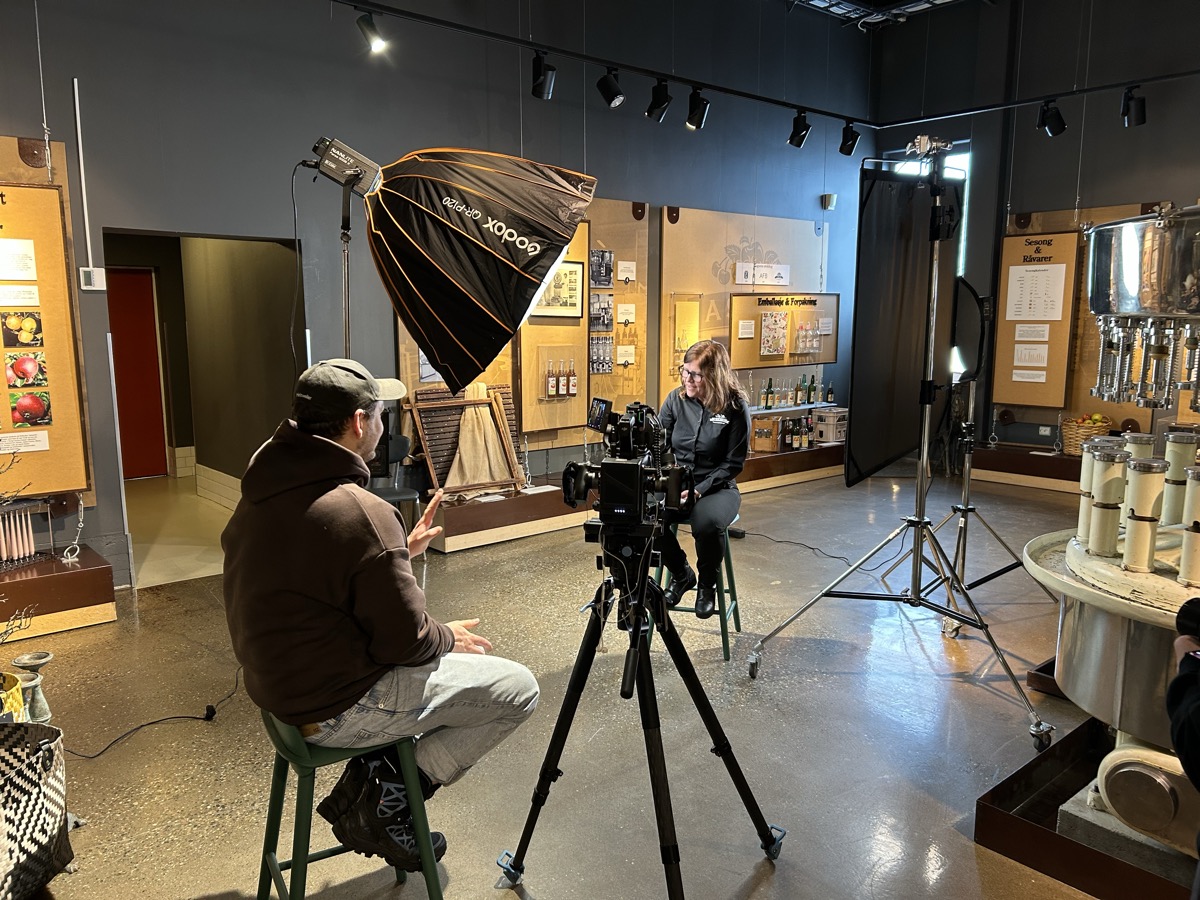 Ingstad Media rigger studio til bedriftsfotosession – hvit backdrop, softbox og stoler klar for ansattportretter